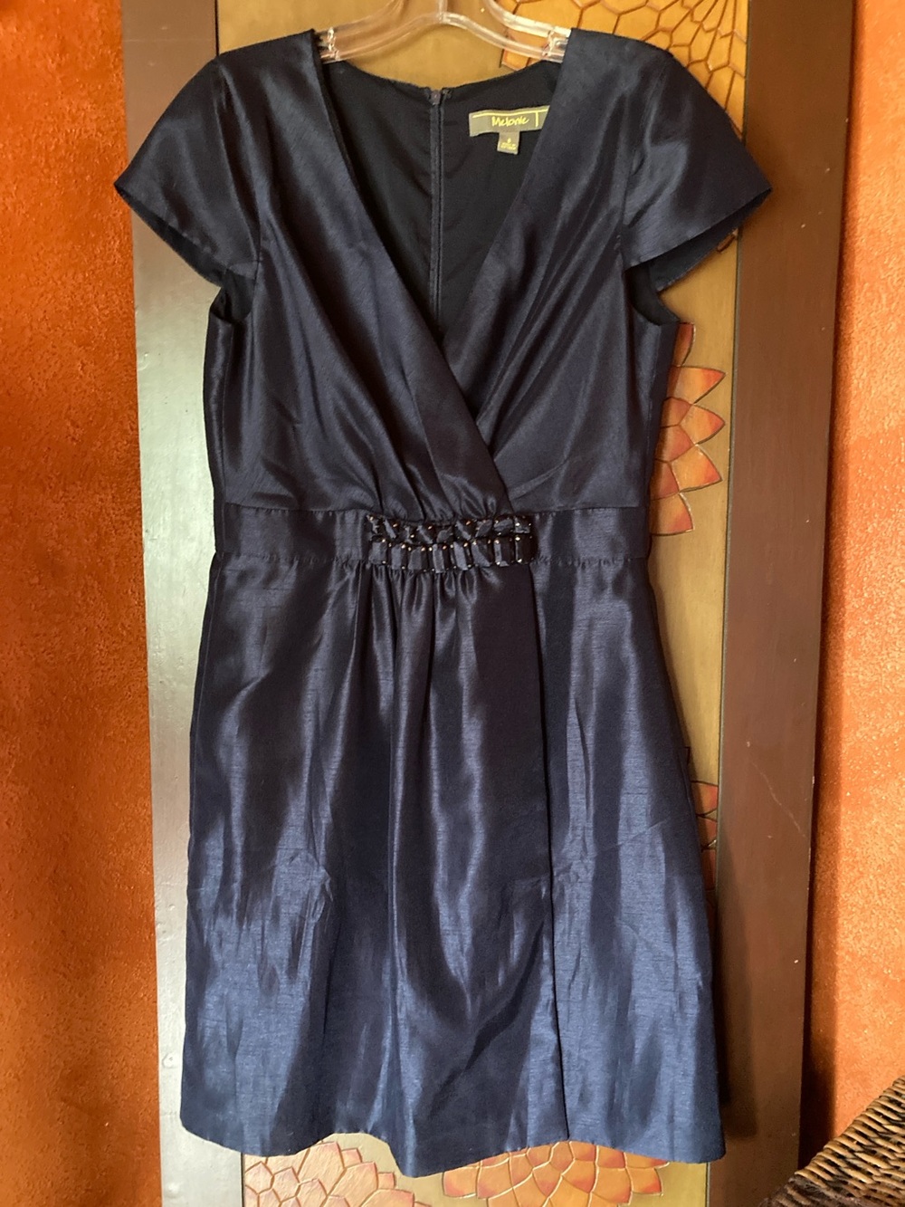Melonie T Size 8 short cap sleeve navy taffeta wrap style cocktail dress